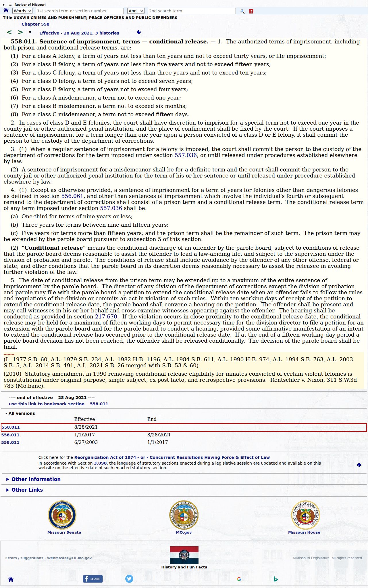 Windsor criminal court records and Missouri imprisonment ranges